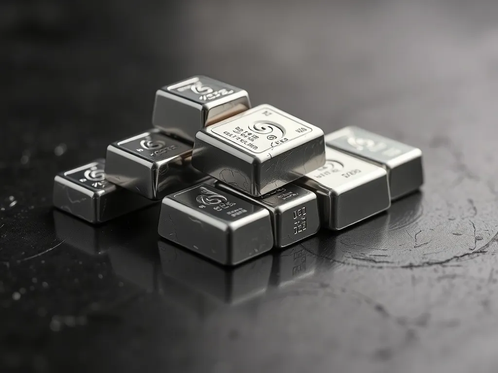 A high-contrast macro photo of silver bars and graphite bloc