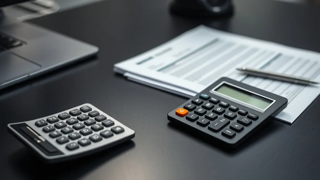 A high-end minimal office desk with a professional calculato