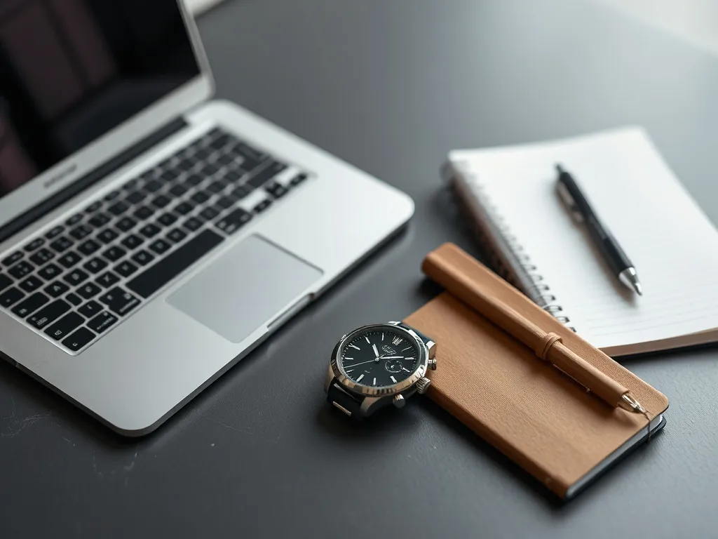 A high-end minimalist office desk with a silver laptop, a pr